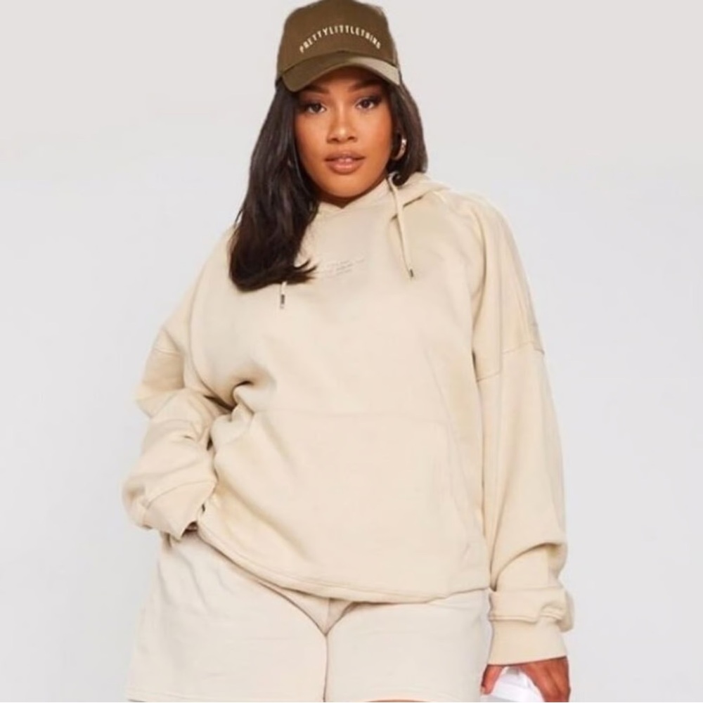 PrettyLittleThing Sand Embroidered Slogan Oversized Hoodie